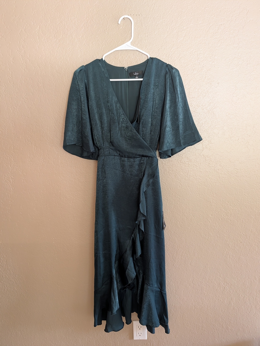 NWT Lulu's Teal Green Wrap Midi Dress with Ruffle Detail